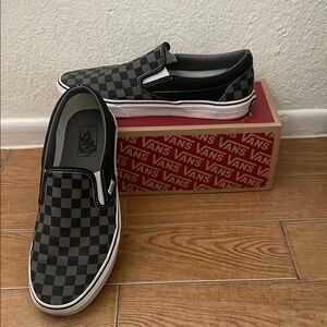 Vans Men's Gray and Black Checkered Slip-On Shoes